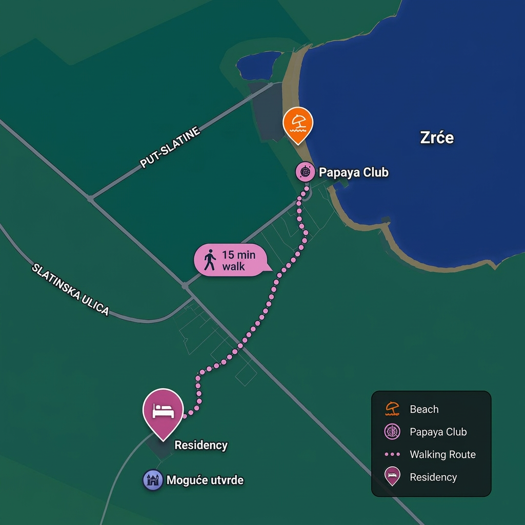 Map showing the 15 minute walking route from the villa to Papaya club and Zrće beach